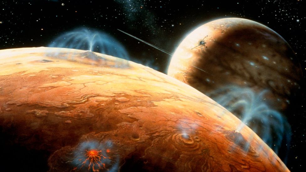Voyager 1 witnessed enormous geysers on the moon of Io, as seen in this artist's impression (Credit: Science Photo Library) Voyager 1 witnessed enormous geysers on the moon of Io, as seen in this artist's impression (Credit: Science Photo Library)