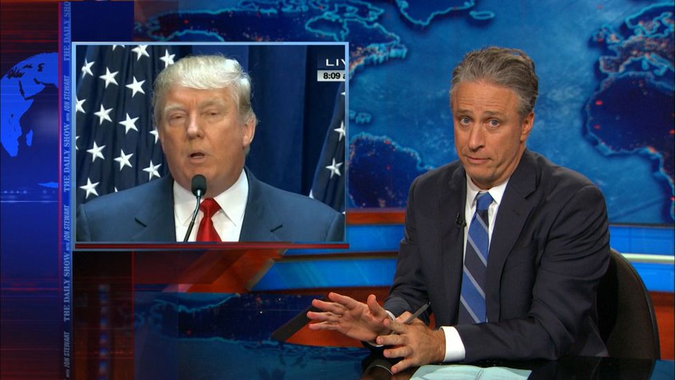 Jon Stewart’s reaction to Trump announcing his candidacy was one of mock joy – because it would invariably be rife with comic possibility (Credit: Comedy Central)