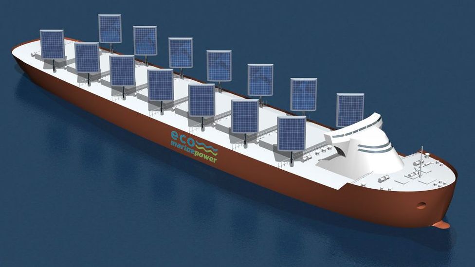 In the 21st Century, oceans are overrun with fossil fuel-spewing cargo ships, exacerbating climate change. But the ships of the future could run on sun (Credit: Eco Marine Power)