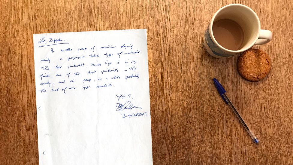 A handwritten note by producer Bernie Andrews, reviewing Led Zeppelin (Credit: BBC Written Archives)