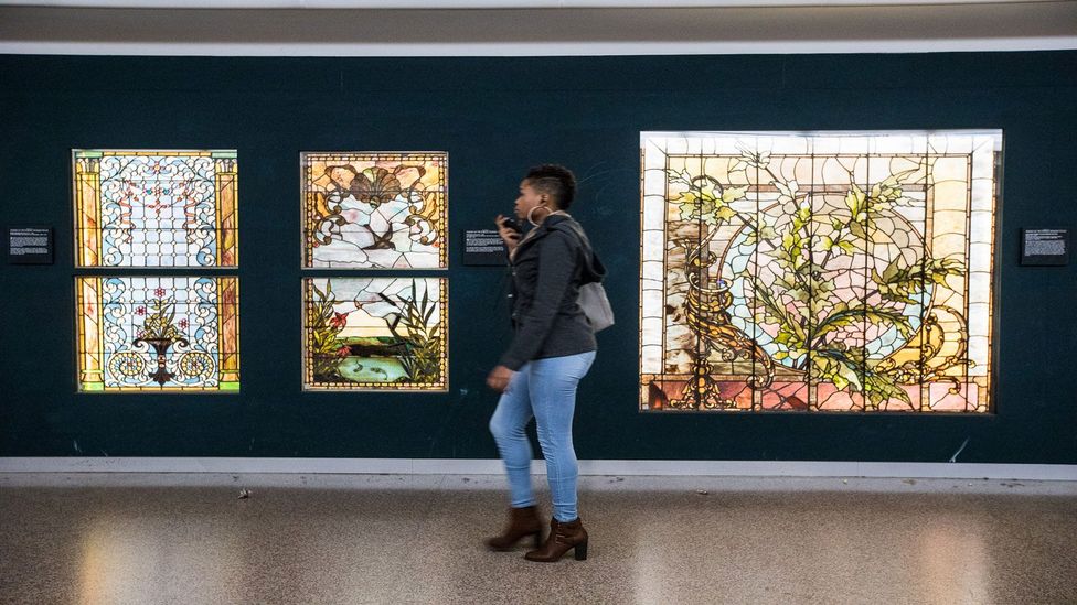 One of the Pedway’s stained-glass panels was created by renowned artist Louis Comfort Tiffany, whose father founded Tiffany & Co. (Credit: Greg Inda)
