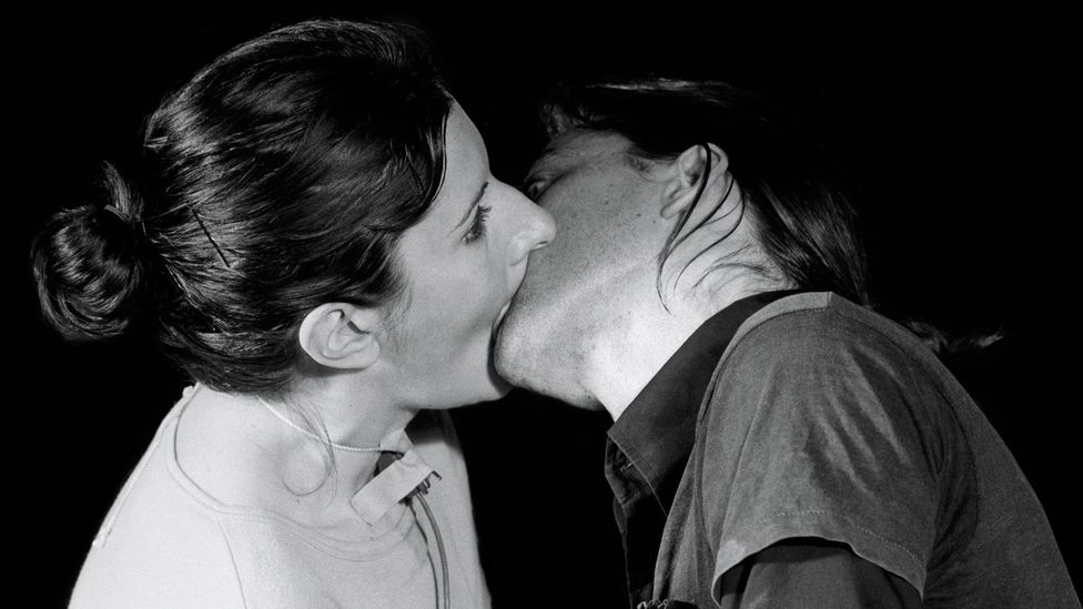 For Breathing In Breathing Out (1977), Marina Abramović and Ulay blocked their nostrils with cigarette filters and pressed their mouths together (Credit: LIMA, Amsterdam)
