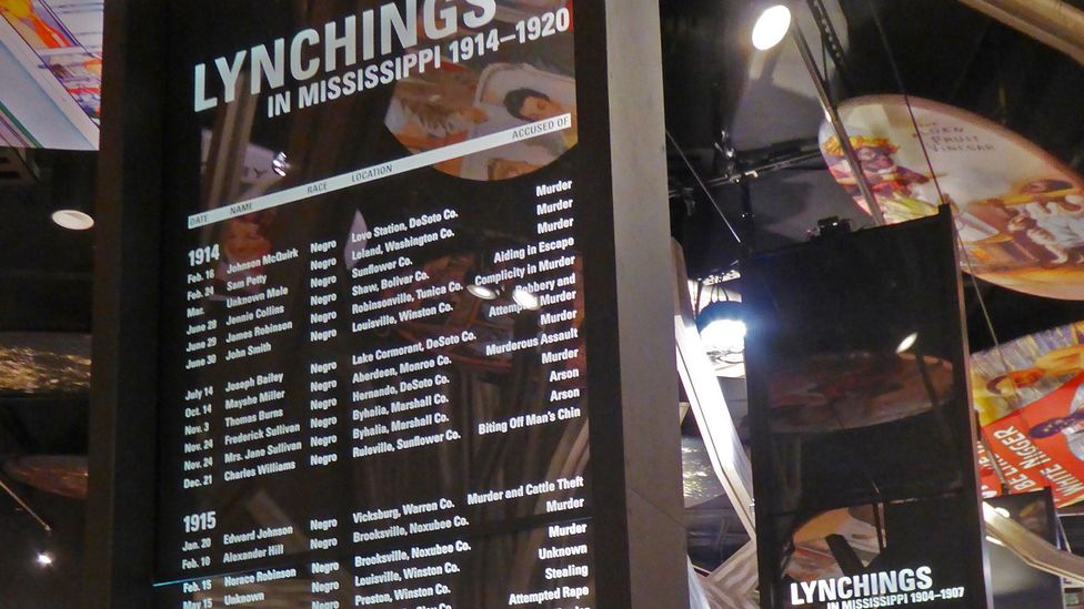 In the Mississippi Civil Rights Museum, six pillars list lynchings dating back hundreds of years (Credit: Larry Bleiberg)