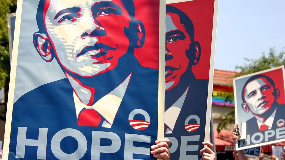The artist Shepard Fairey created an iconic image when he rendered Obama in stencilled blocks of red, beige and blue in the famed ‘Hope’ poster (Credit: Alamy) The artist Shepard Fairey created an iconic image when he rendered Obama in stencilled blocks of red, beige and blue in the famed ‘Hope’ poster (Credit: Alamy)