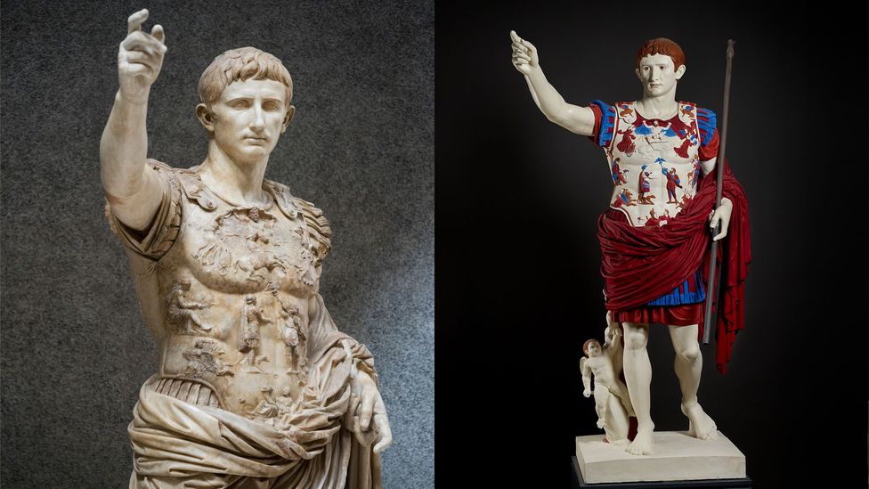 Paint would be applied directly to bronze or marble, as depicted in this recreation of the Prima Porta statue of Augustus (Credit: Ashmolean Museum of Art and Archaeology, Oxford)