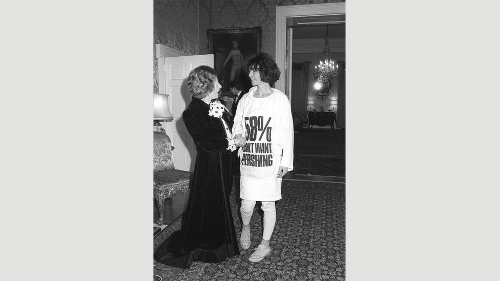 Katharine Hamnett wore a T-shirt with an anti-nuclear message when she met Margaret Thatcher in 1984, calling it “one of the original selfie photo-ops” (Credit: Press Association) Katharine Hamnett wore a T-shirt with an anti-nuclear message when she met Margaret Thatcher in 1984, calling it “one of the original selfie photo-ops” (Credit: Press Association)