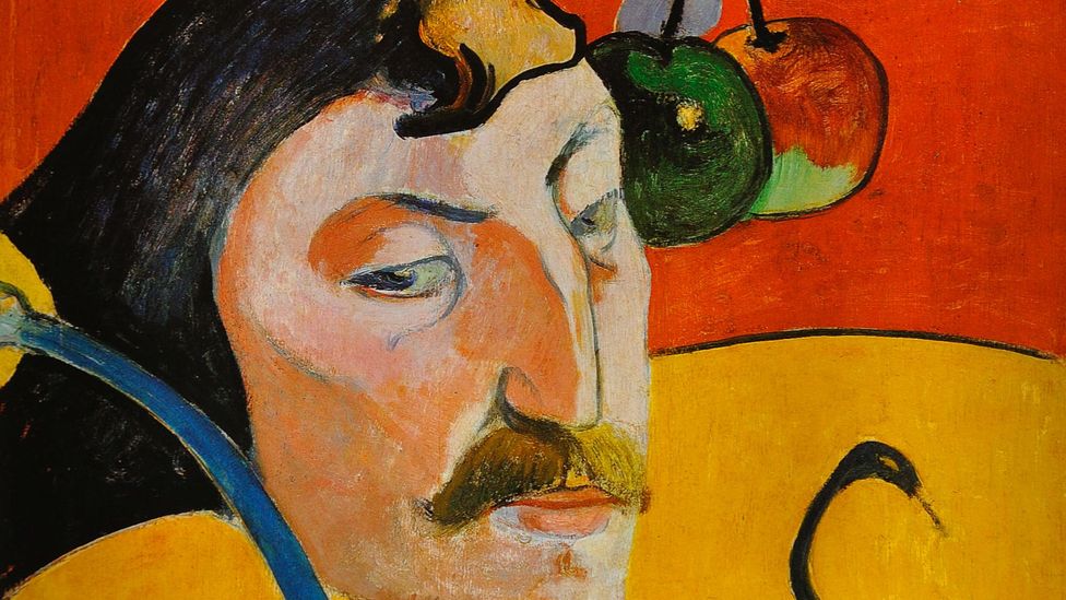 Self-portrait with Halo and Snake (detail), painted in 1889 by the post-Impressionist Paul Gauguin, contains two competing shades of orange (Credit: Alamy)