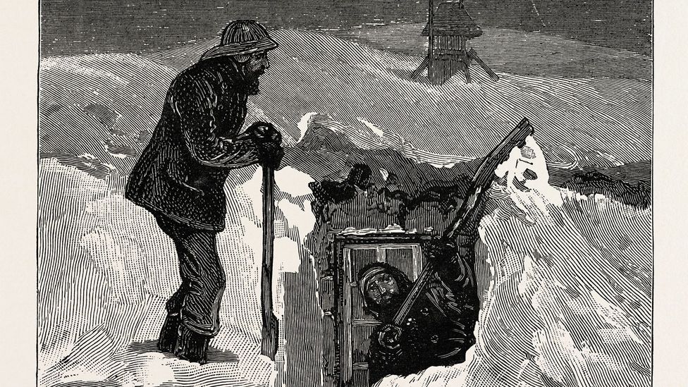 The weathermen had to repeatedly dig through 5ft (1.5m) of snow to get out of their hut (Credit: Artokoloro Quint Lox Limited/Alamy) The weathermen had to repeatedly dig through 5ft (1.5m) of snow to get out of their hut (Credit: Artokoloro Quint Lox Limited/Alamy)