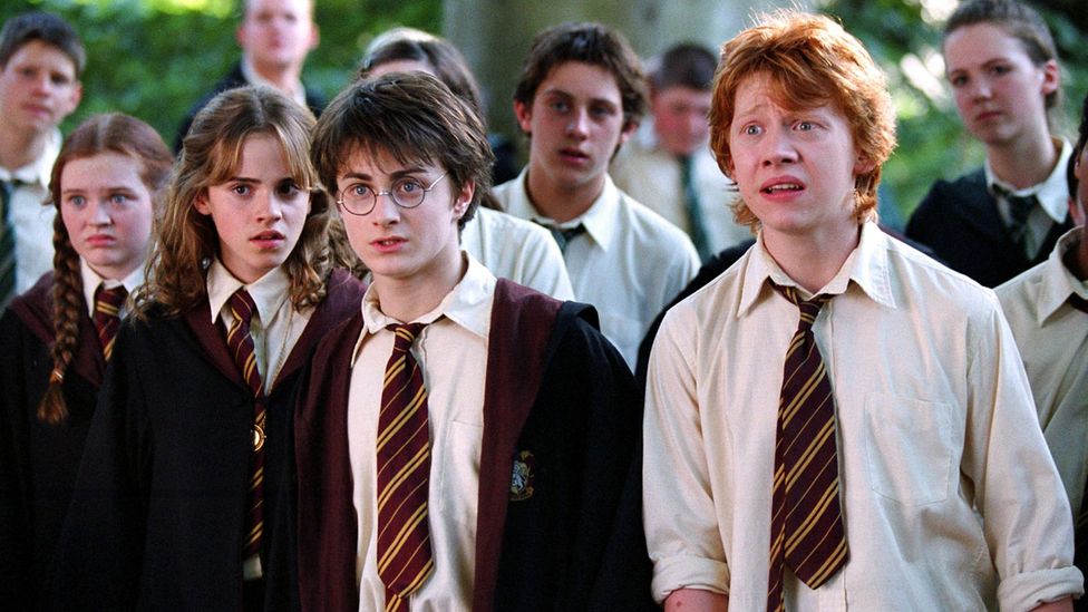 Hermoine Granger (Emma Watson) left, Harry Potter (Daniel Radcliffe) middle, and Ron Weasley (Rupert Grint) right in "Harry Potter and the Prisoner of Azkiban" (2004)