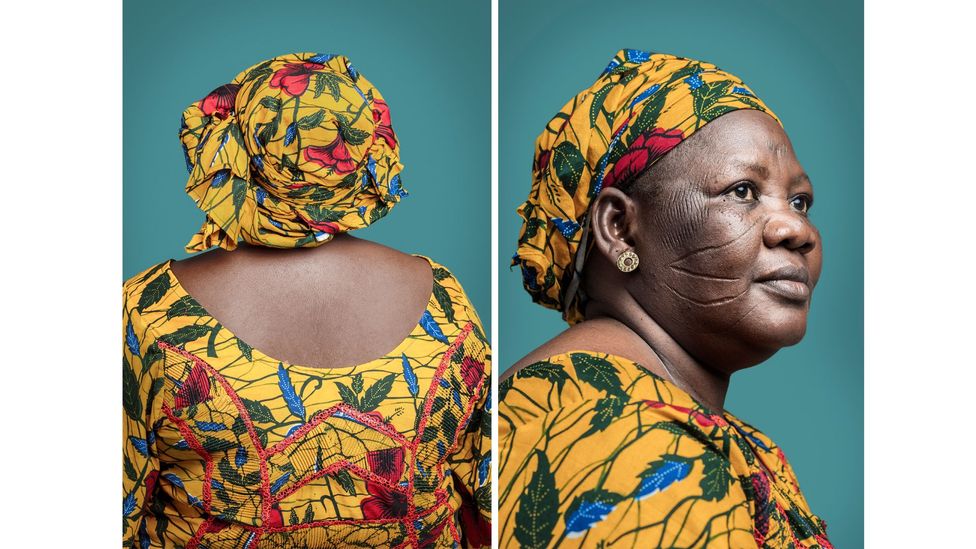 Joana Choumali’s series Hââbré shows migrants from Nigeria and Burkina Faso with scarified faces: shown, Mme Djeneba Hââbré (Credit: Joana Choumali/50 Golborne Gallery)