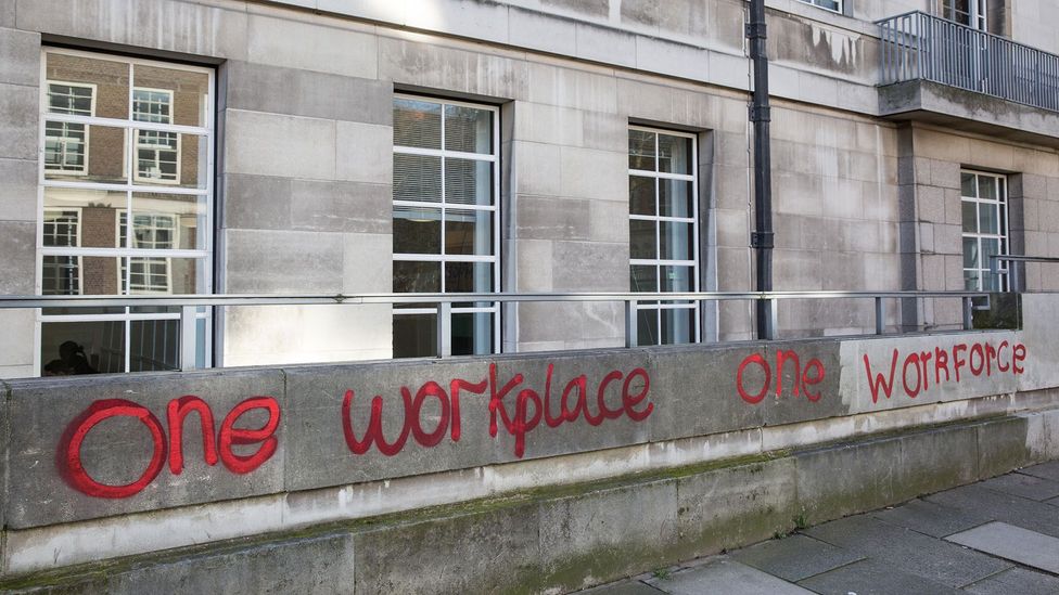Graffiti outside the University of London on One Day Without Us and the UN World Day of Social Justice early last year (Credit: Alamy)