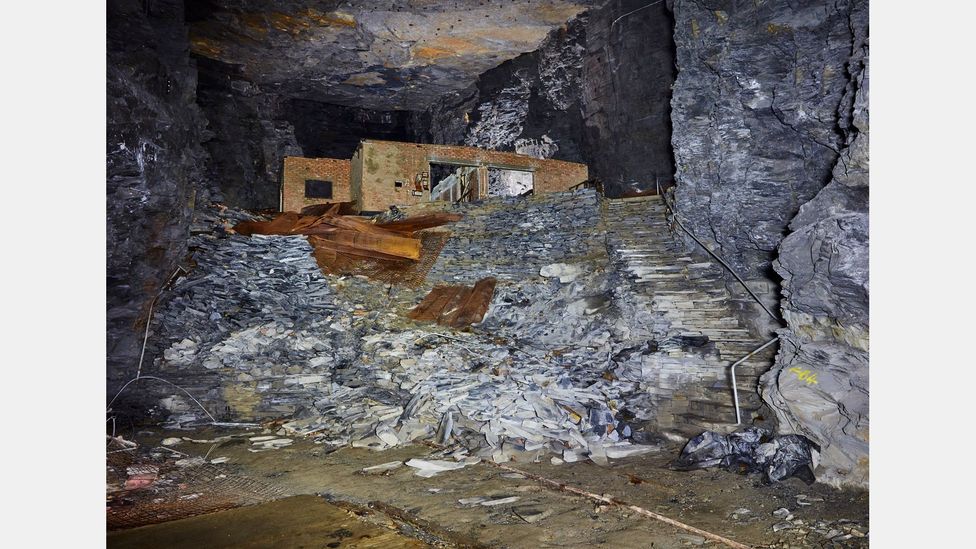 Some of the underground structures built in the slate mine at Manod are still standing today – and discarded art storage materials can be found (Credit: Robin Friend) Some of the underground structures built in the slate mine at Manod are still standing today – and discarded art storage materials can be found (Credit: Robin Friend)