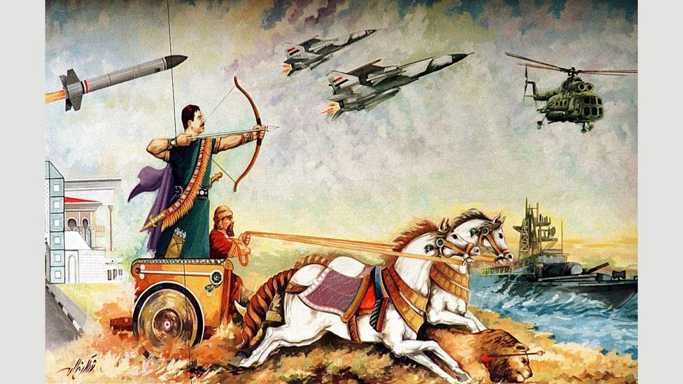 Determined to establish a link between his rule and that of the ancient Babylonians, Saddam Hussein commissioned this mural of himself in a chariot (Credit: Getty Images)