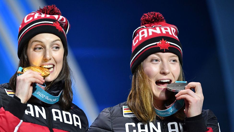 Canada's gold medal-winner Kelsey Serwa and silver winner Brittany Phelan on the podium for Women's Ski Cross at Pyeongchang 2018 Winter Olympic Games (Credit: Getty Images)