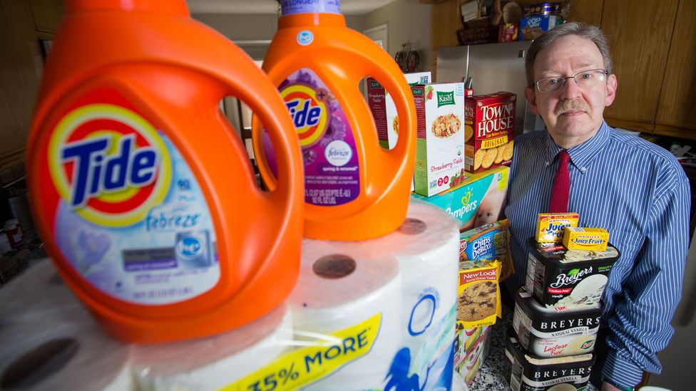 Retired  lawyer Edgar Dworsky has bottles, boxes, and packets that document how US products have been shrinking over the past few decades (Credit: Matthew Healey Photography)