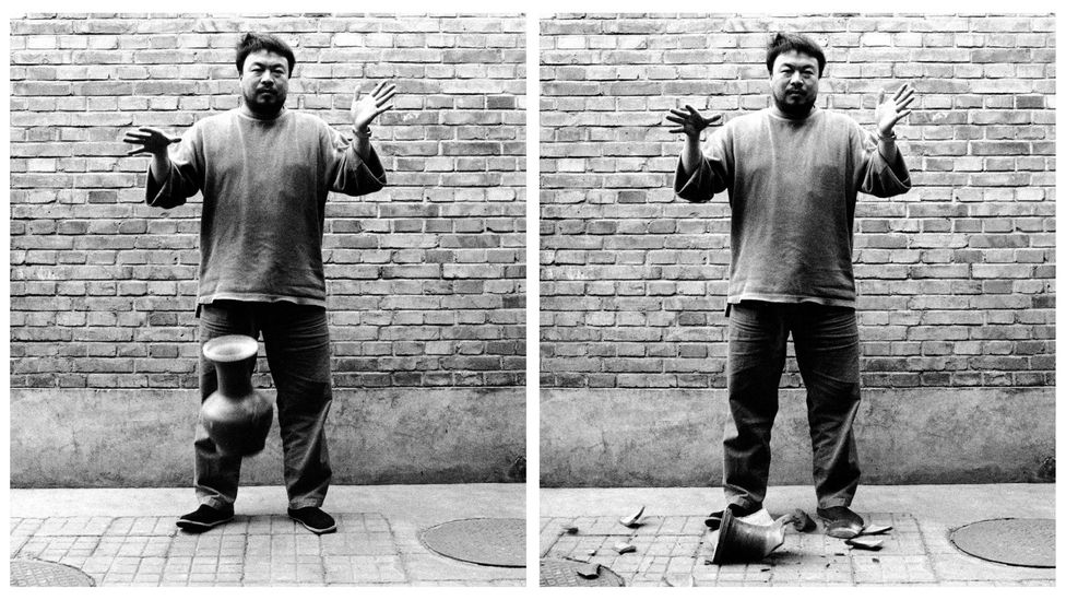 Ai Weiwei dropped a 2,000-year-old Han dynasty vase for a photograph in 1995 – and he has painted others, arguably an act of vandalism (Credit: Ai Weiwei) Ai Weiwei dropped a 2,000-year-old Han dynasty vase for a photograph in 1995 – and he has painted others, arguably an act of vandalism (Credit: Ai Weiwei)