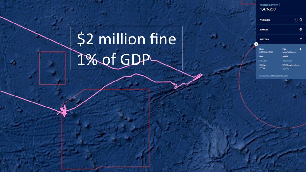 Illegal fishing in a Kiribati protected zone (Credit: Oceana/Global Fishing Watch) Illegal fishing in a Kiribati protected zone (Credit: Oceana/Global Fishing Watch)
