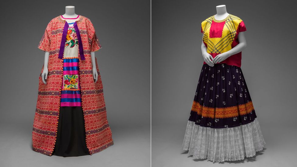 Garments displayed include the traditional huipil (embroidered tops), rebozos (shawls), long skirts and jewellery (Credit: Victoria and Albert Museum)