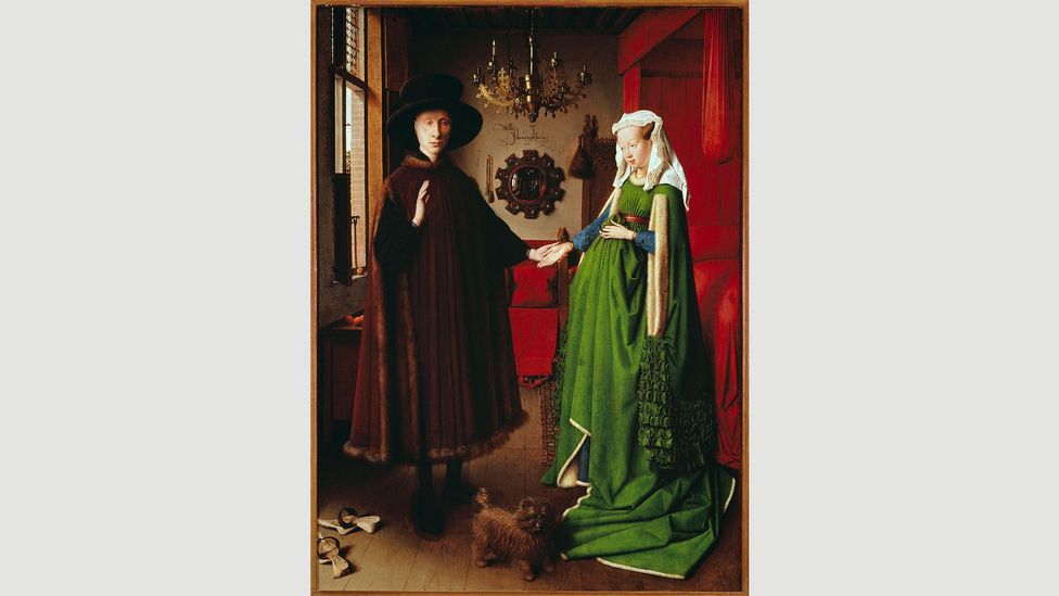 In The Arnolfini Portrait, Jan van Eyck uses green to symbolise fertility, although scholars believe the woman in it is not pregnant (Credit: Getty Images) In The Arnolfini Portrait, Jan van Eyck uses green to symbolise fertility, although scholars believe the woman in it is not pregnant (Credit: Getty Images)