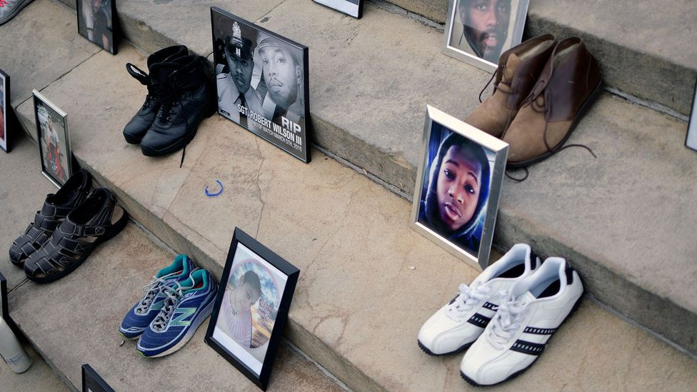Photos and shoes of gun violence victims are exhibited at an anti-gun rally in Philadelphia in 2018 (Credit: Getty Images) Photos and shoes of gun violence victims are exhibited at an anti-gun rally in Philadelphia in 2018 (Credit: Getty Images)