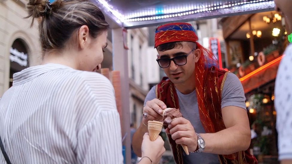 An ice cream seller in Turkey plays a prank on a woman