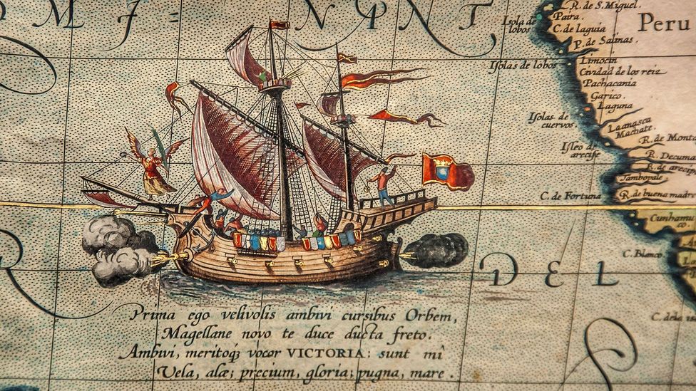 Theatre of the World features a small drawing of Ferdinand Magellan’s ship, Victoria (Credit: Rossi Thomson, by permission of the Biblioteca Civica Bertoliana – Vicenza)