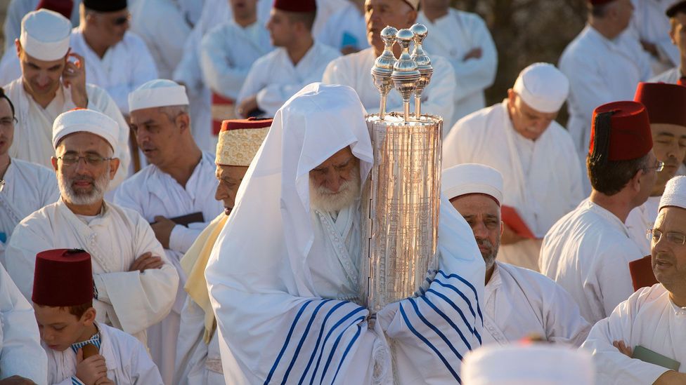 The Samaritan Torah has three crowns on it to represent their three tribes of origin (Credit: Boris Diakovsky/Alamy)