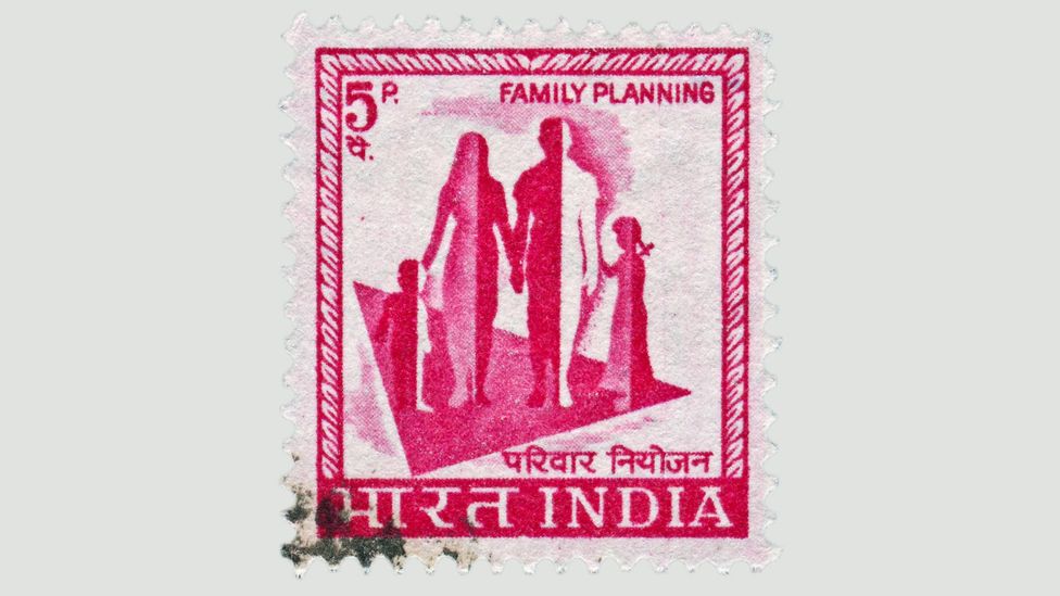 A cancelled stamp promotes support for India’s family planning policies (Credit: Getty)