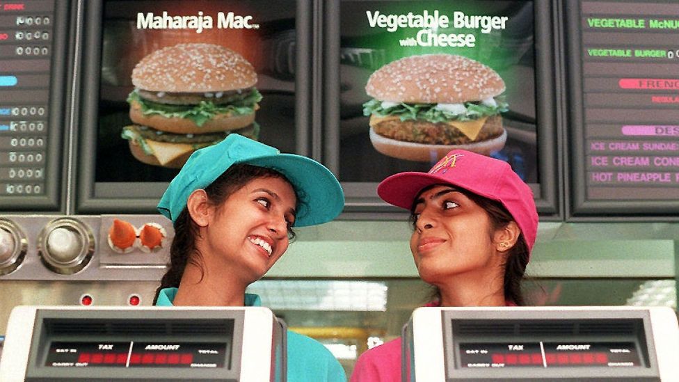 The first McDonald's restaurant in New Delhi, India opened in 1996 with Maharaja Macs and vegetable burgers with cheese on its menu. (Credit: Getty Images) The first McDonald's restaurant in New Delhi, India opened in 1996 with Maharaja Macs and vegetable burgers with cheese on its menu. (Credit: Getty Images)