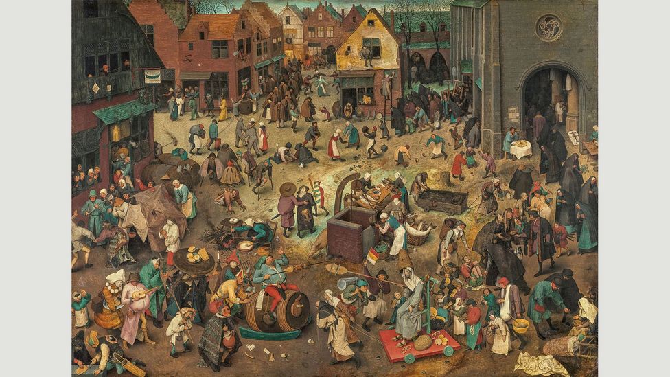 Drinkers at an inn are at one side of The Battle Between Carnival and Lent, 1559, while the other half is dominated by scenes of piety (Credit: KHM-Museumsverband)