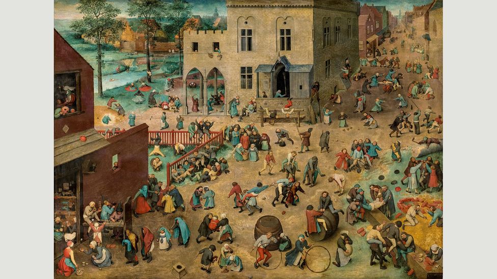 In Children’s Games, 1560, toddlers and young people take over a town square, engrossed in their activities (Credit: KHM-Museumsverband)