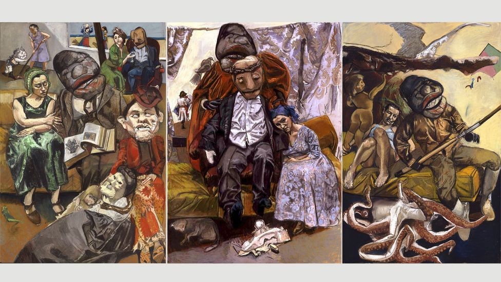 Rego stages mannequins, dolls and masks in her studio to create works like The Fisherman, triptych, 2005 (Credit: Paula Rego, courtesy Marlborough Fine Art)