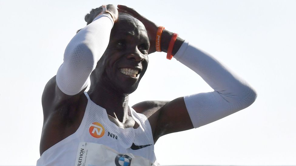 Kenya’s Eliud Kipchoge reacts after setting a new world record at the Berlin Marathon in September 2018 (Credit: Getty)