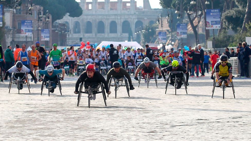 Athletes start the handbike racing event during the 2018 Rome marathon (Credit: Getty)