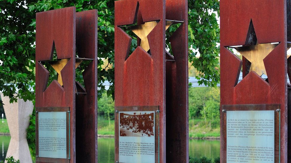 Three steles outside the European Museum commemorate the founding members of the Schengen Agreement (Credit: Arterra Picture Library/Alamy) Three steles outside the European Museum commemorate the founding members of the Schengen Agreement (Credit: Arterra Picture Library/Alamy)