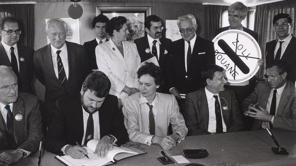 Signed in 1985, the Schengen Treaty established border-free travel between participating European nations (Credit: The European Museum)