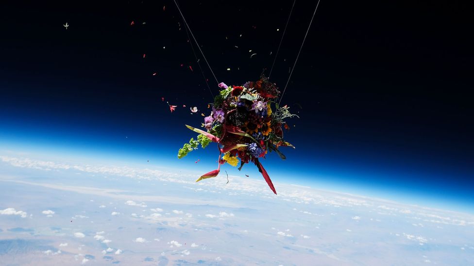 In 2017 Makoto Azuma attached gigantic balloons to bouquets of flowers, sending them 100,000 ft above the Nevada desert (Credit: AMKK) In 2017 Makoto Azuma attached gigantic balloons to bouquets of flowers, sending them 100,000 ft above the Nevada desert (Credit: AMKK)