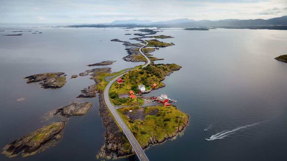 An aerial view of Norway's Atlantic Ocean Road