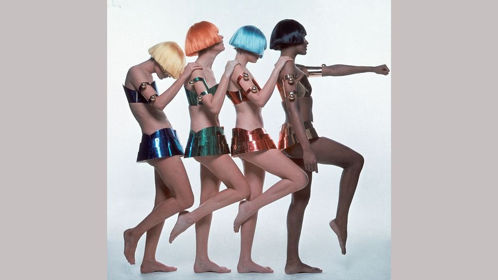 Photographed for British Vogue in 1969, models pose in polished-metal creations by Courrèges (Credit: Getty Images)