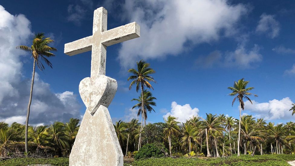 Massive white, stone crosses mark the four cardinal points of Tepoto (Credit: Andrew Evans)