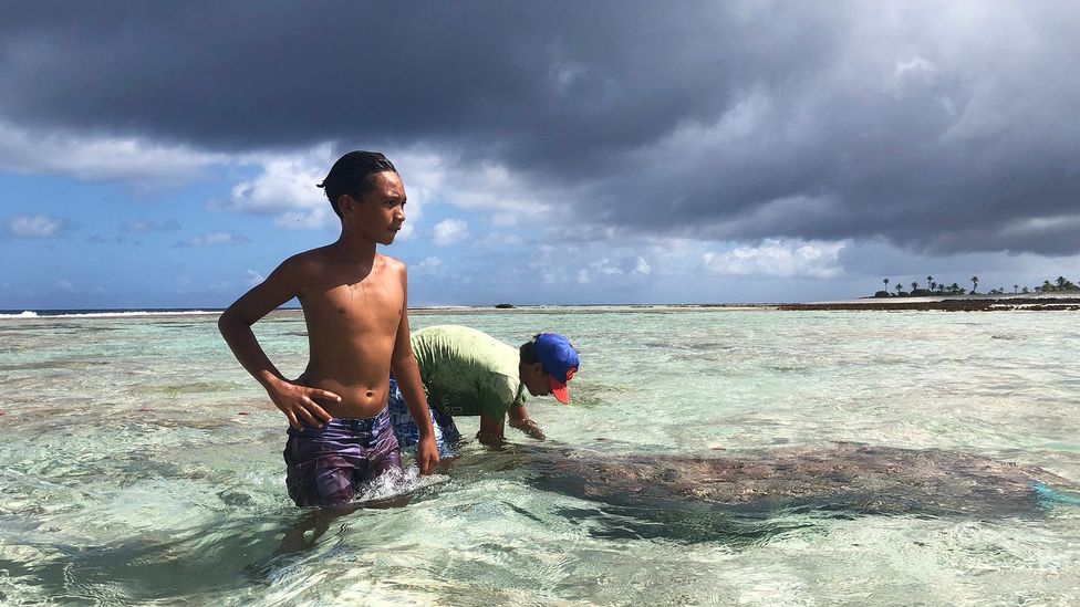 Children help their parents fish in the shallow inner reef of Napuka (Credit: Andrew Evans)
