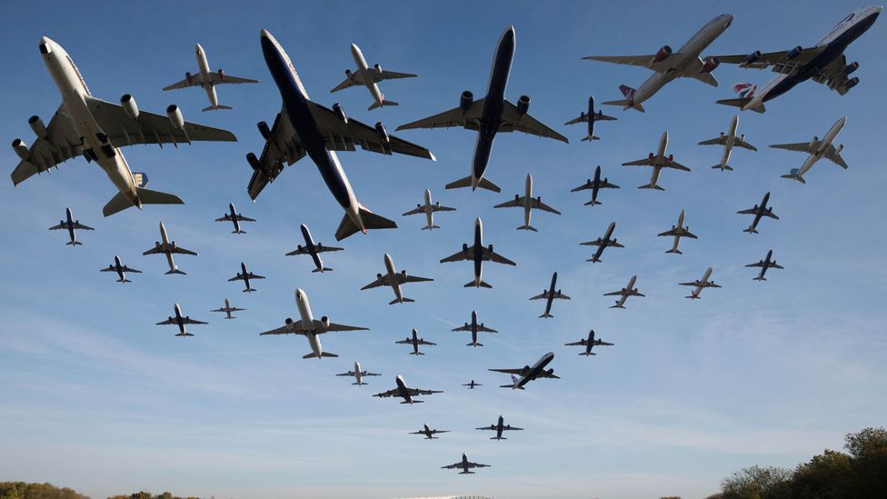 Composite image of traffic on flight paths out of London Heathrow (Credit: Getty)