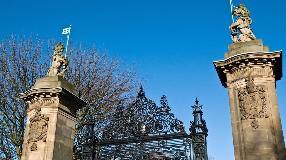 The gateway at the Palace of Holyroodhouse in Edinburgh, Scotland, is guarded on one side by a stone unicorn (Credit: doughoughton/Alamy)