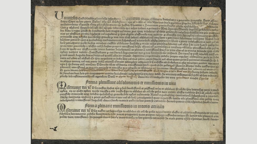 Gutenberg’s Papal Indulgence is thought to be the earliest piece of printing with movable type in Europe (Credit: British Library Board)