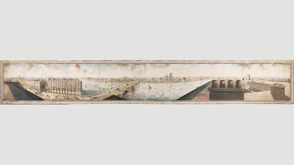 In 1789, the artist Robert Barker invented a cylindrical vista that surrounded the viewer: at first, a panorama was something that enclosed rather than a space without limits