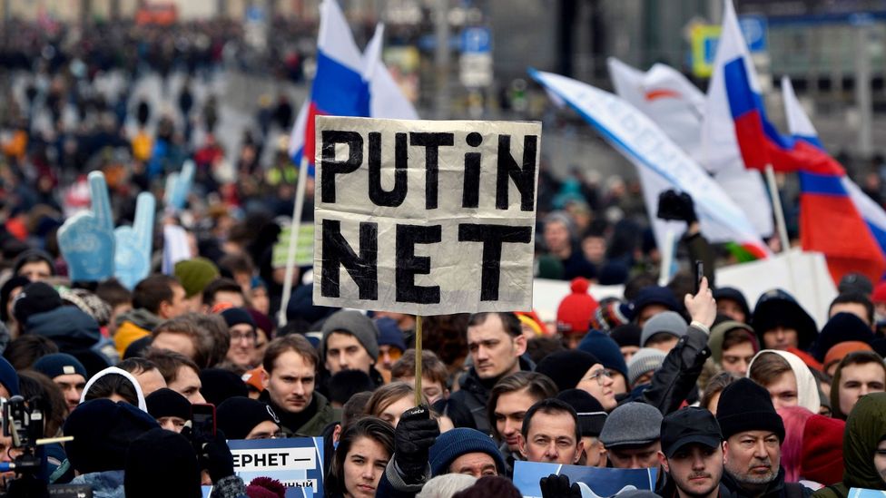 Russia's increasingly restrictive internet policies have sparked protests across the country, including this demonstration in Moscow in March 2019 (Credit: Getty Images) Russia's increasingly restrictive internet policies have sparked protests across the country, including this demonstration in Moscow in March 2019 (Credit: Getty Images)