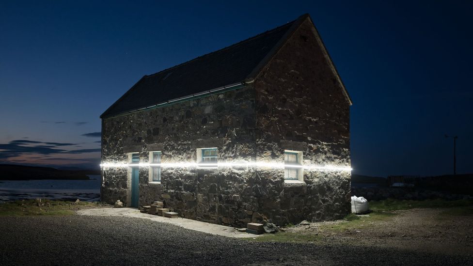 An installation by Finnish artists Pekka Niittyvirta and Timo Aho in the Outer Hebrides used light to show the impact of sea level rise (Credit: Pekka Niittyvirta and Timo Aho)