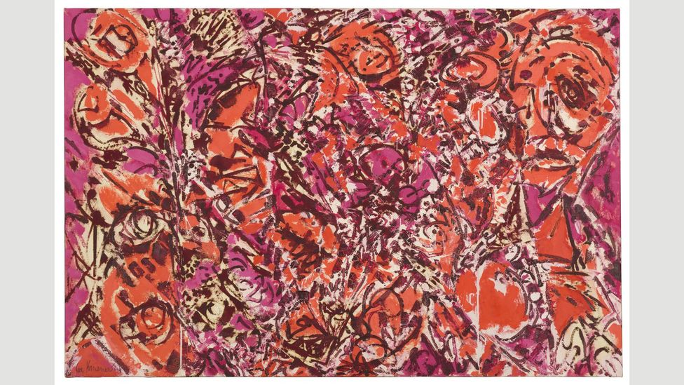 Krasner’s primary series of the mid-1960s – including Icarus, 1964 – display vibrant colours like hot pink and orange (Credit: The Pollock-Krasner Foundation) Krasner’s primary series of the mid-1960s – including Icarus, 1964 – display vibrant colours like hot pink and orange (Credit: The Pollock-Krasner Foundation)