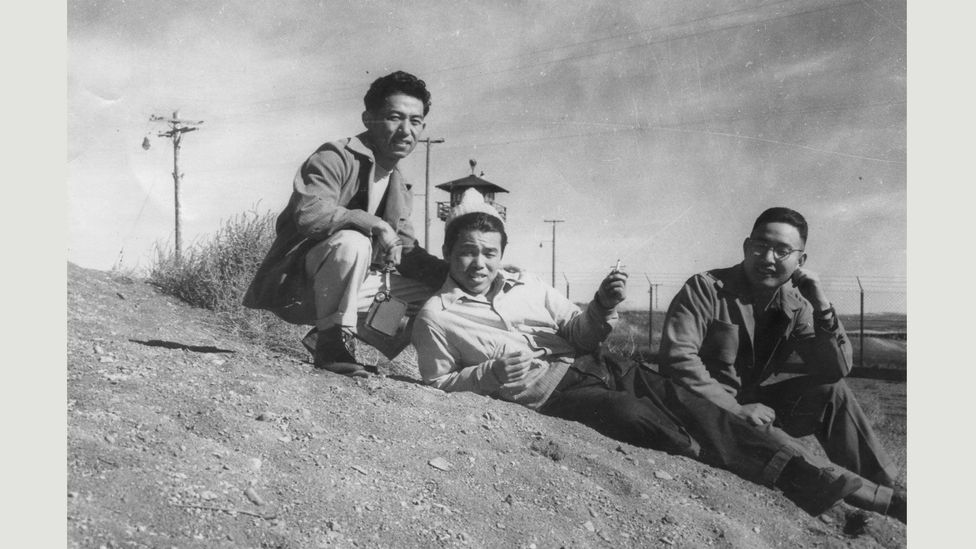 Three gay men by guard tower, Tule Lake concentration (relocation) camp, California, early 1940s (Courtesy of the Gay, Lesbian, Bisexual, Transgender Historical Society) Three gay men by guard tower, Tule Lake concentration (relocation) camp, California, early 1940s (Courtesy of the Gay, Lesbian, Bisexual, Transgender Historical Society)