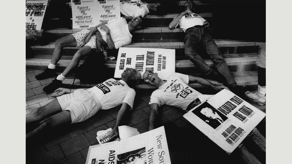 Act Up organised a ‘die-in’ in 1992, protesting over the lack of beds for Aids patients in hospital wards (Credit: Kate Callas/Fairfax Media via Getty Images) Act Up organised a ‘die-in’ in 1992, protesting over the lack of beds for Aids patients in hospital wards (Credit: Kate Callas/Fairfax Media via Getty Images)